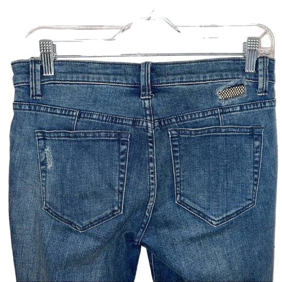 Free People Blue Denim Black Mesh Distressed Skinny Cropped Low Rise Jeans 26 - Picture 5 of 6